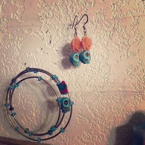 Coral rose & skull earring & bracelet set